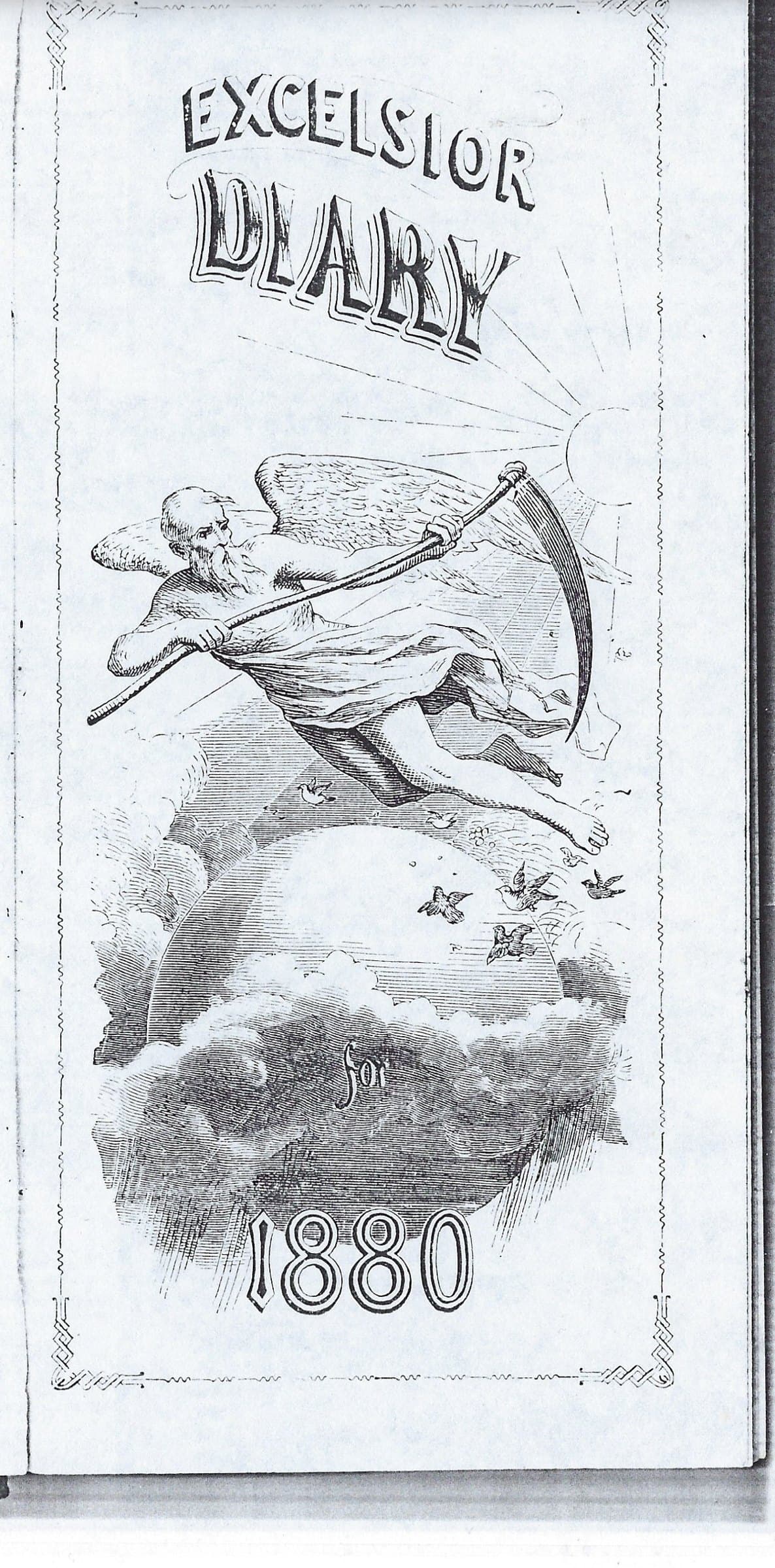 Printed title page of an Excelsior Diary for 1880, with an engraving of Father Time.